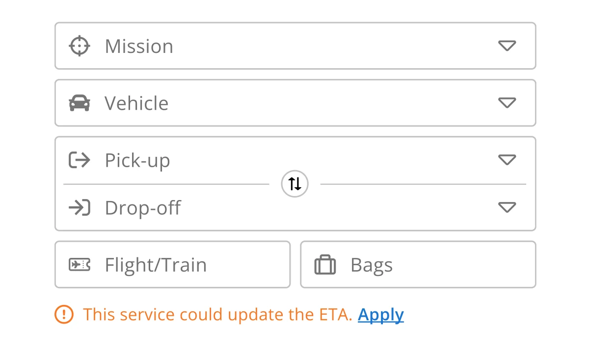 A transfer booking form with mission, vehicle, pick-up, drop-off, flight and bags fields.