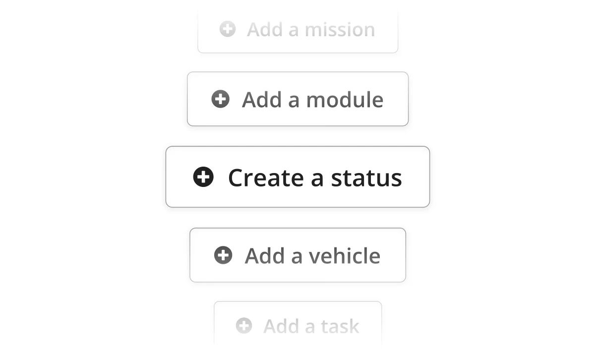 Buttons to add a mission, a module, a status, a vehicle and a task.