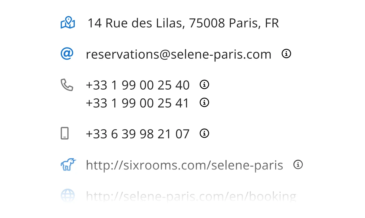 A partner card with address, email, phone numbers and booking links.