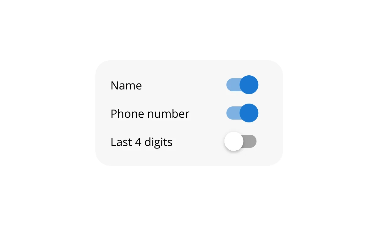 PMS fields switched on or off: name, phone number, last 4 digits.