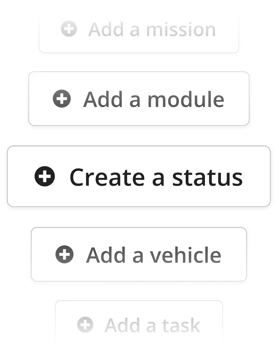 A list of actions: Add a mission, Add a module, Create a status, Add a vehicle, Add a task.