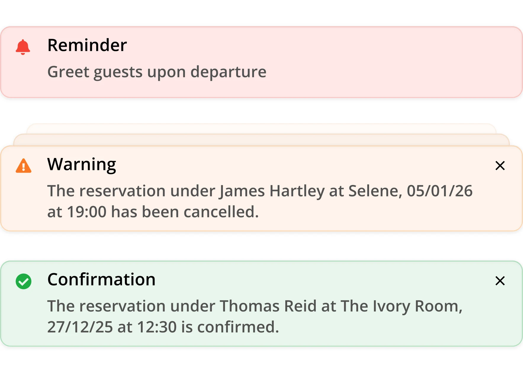 Three notifications: a reminder, a warning about a cancelled reservation and a confirmation.